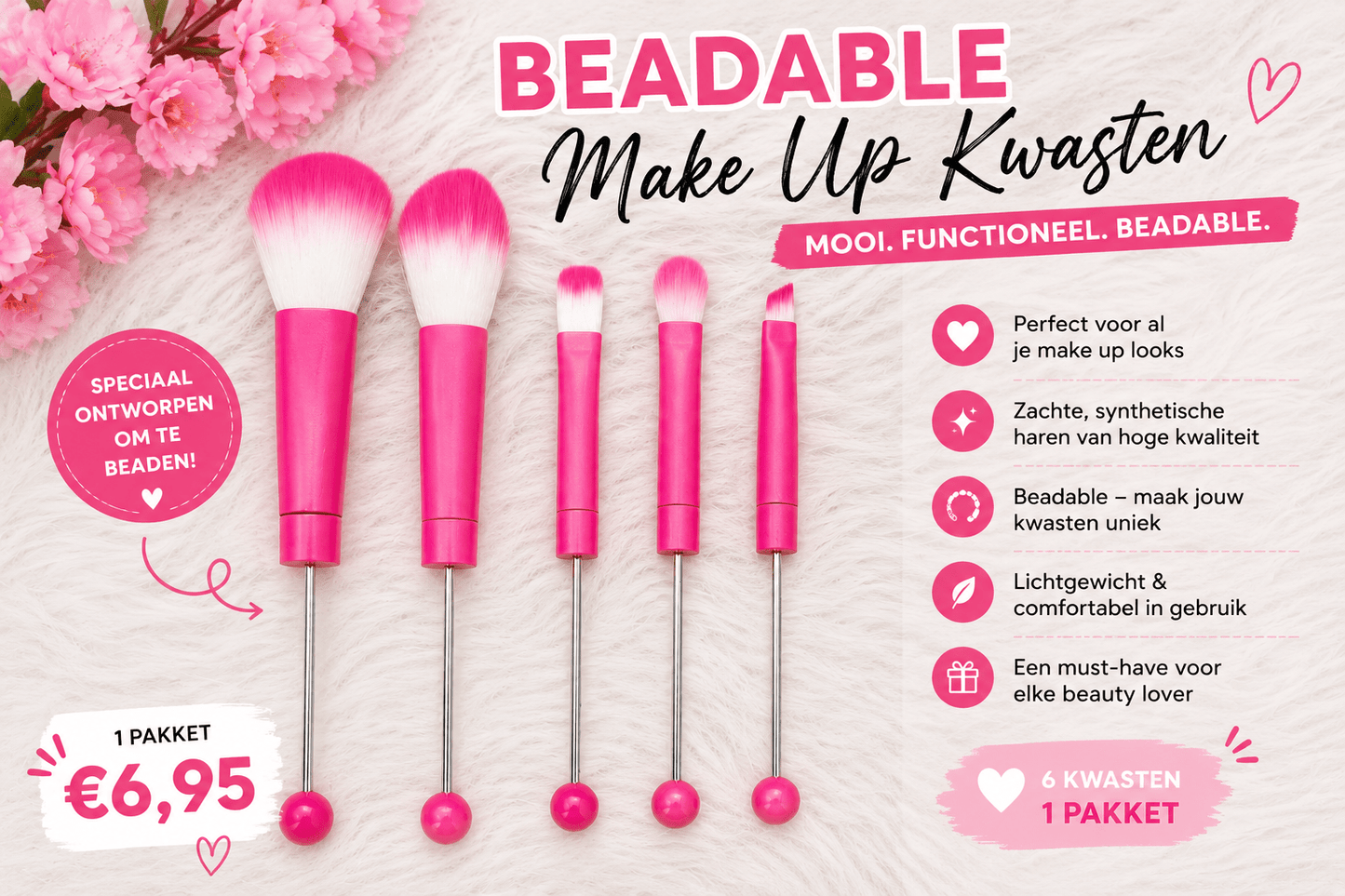 Beadable Make Up Kwasten Set Roze | DIY Beadable Brushes | Kralen Kwasten Set | Beauty Accessoires - Jessentials