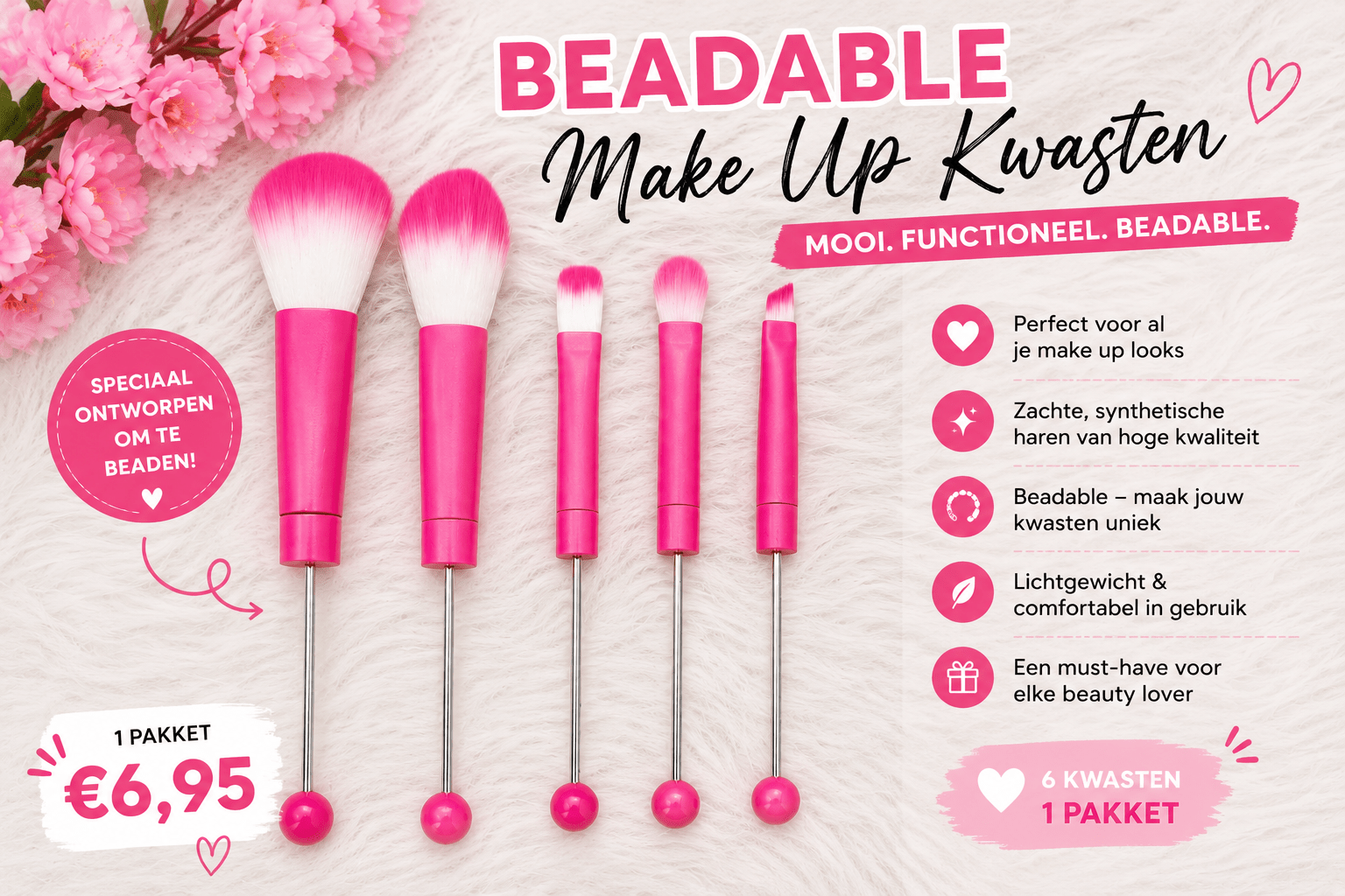 Beadable Make Up Kwasten Set Roze | DIY Beadable Brushes | Kralen Kwasten Set | Beauty Accessoires - Jessentials