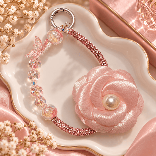 Sleutelhanger Roze Roos, handgemaakt met kralen en parel - Jessentials